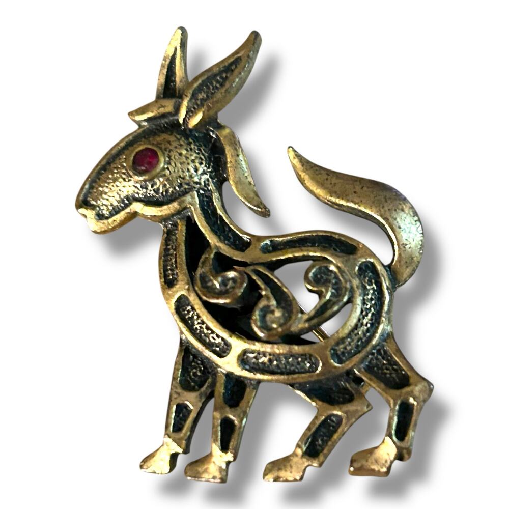 Vintage Donkey Brooch Whimsical Antique Gold Tone Red Rhinestone Eye Brooch